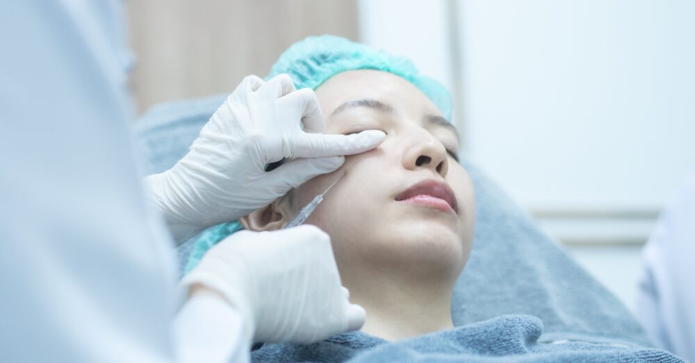 Close up of PRF under eye injections being administered to treat dark circles and hollowing